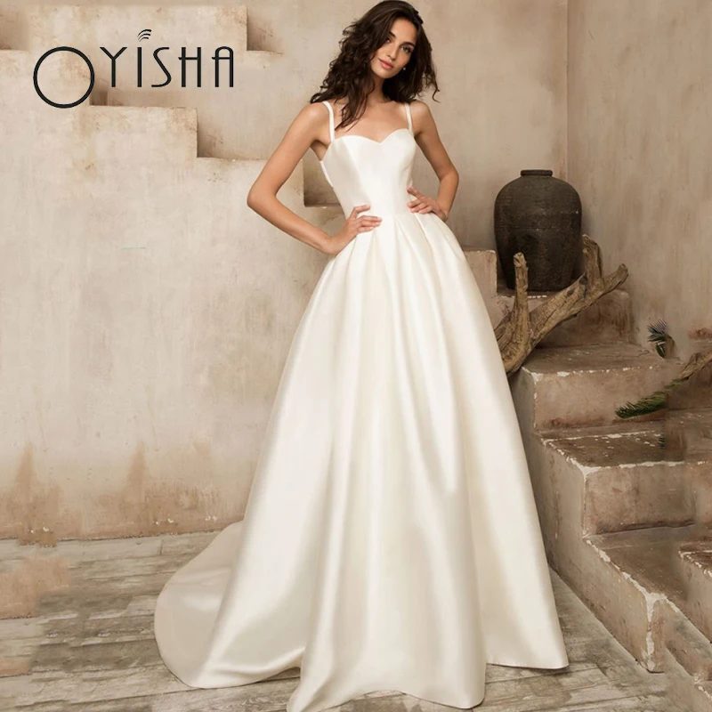 

OYISHA 2023 Simple A-Line Wedding Dresses Sexy Sweetheart Spagetti Straps Bridal Gowns Charming Backless Satin vestidos de noiva