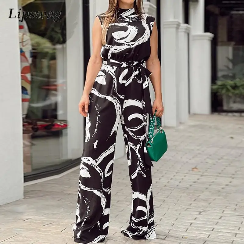 

2022 Autumn Casual Tie Waist Wide Leg Pants Women Fashion Half Turtleneck Sleeveless Jumpsuit Ladies New Elegant Loose Jumpsuits