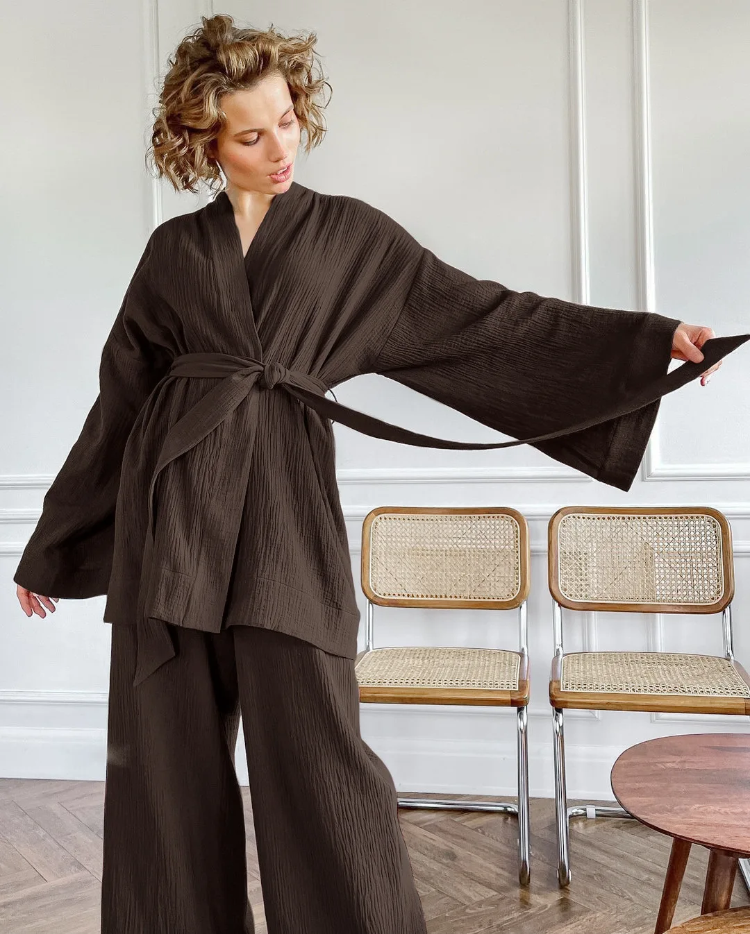 Kimono And Pant Women Summer Spring 2 Pcs Ladies Sleepwear Oversize Can Be Worn Outside Pajama Set Comfortable Homewear Female