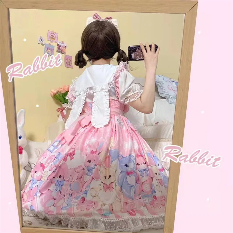Sweet Lolita Style Square Collar Cartoon Printing Heart-shaped Bow Sleeveless Lace Ruffles JSK Dress Soft Girly Camisole Dress images - 6