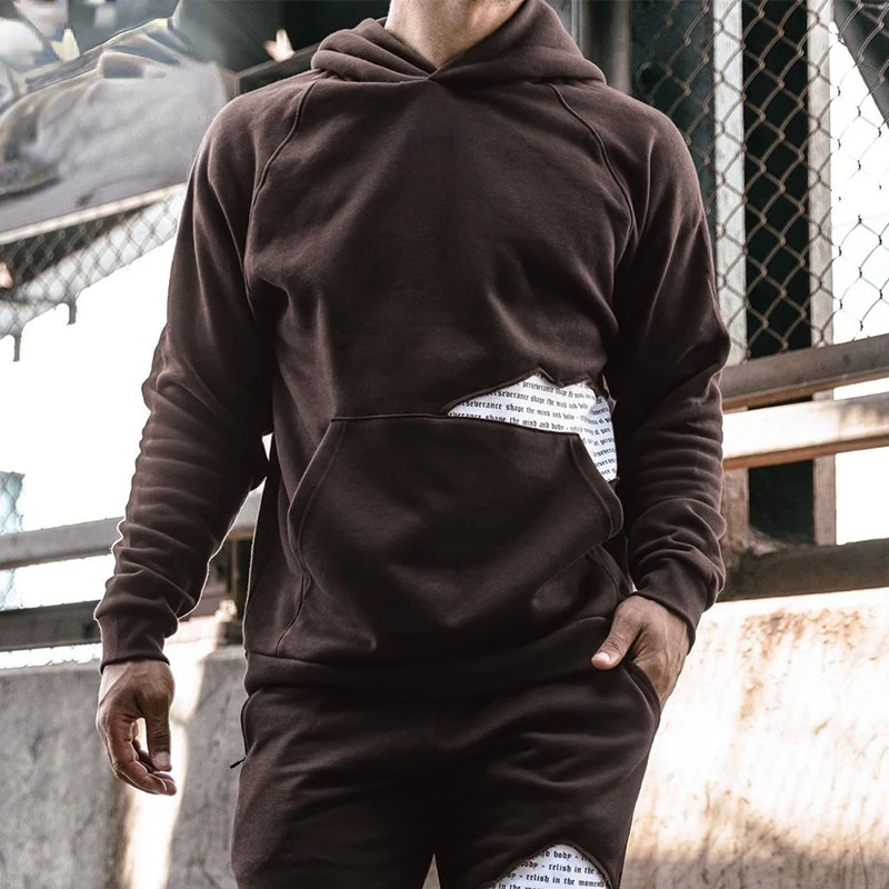 

Men Sweatshirt Spring Solid Color Letter Print Loose Sweatshirt Men Long Sleeve Pocket Splice Hoodies Pullover Hooded Sweatshirt