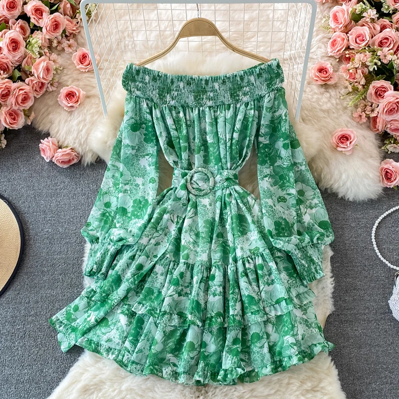 

One-shoulder off-the-shoulder floral dress long sleeves early autumn puff sleeves waist thin cake skirt first love fairy skirt