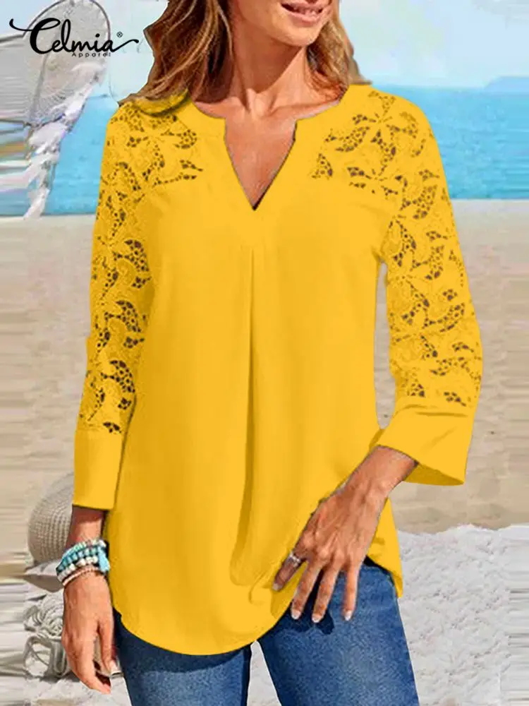 

Summer 2022 Sexy Hollow Out Blusas Celmia Womens Lace Stitching Blouses Elegant 3/4 Sleeve V-neck Tops Casual Loose White Shirt