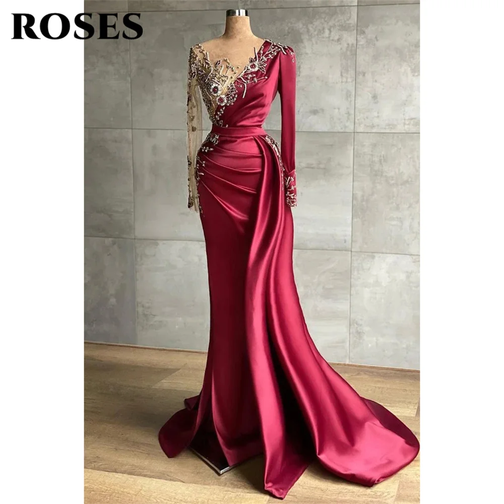 

Burgundy Mermaid Sexy Prom Dress Stain Sequin Celebrity Dress Women's Evening Dress Long Sleeves Pleat Formal Gown Arabic Dress