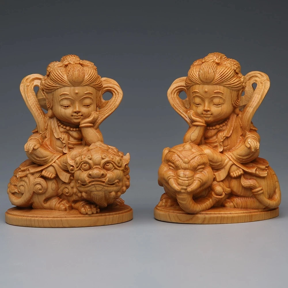 

Solid Wood Samantabhadra Manjushri Cartoon Statue Hand-carved Crafts Cute Home Decor Room Feng Shui Furnishings