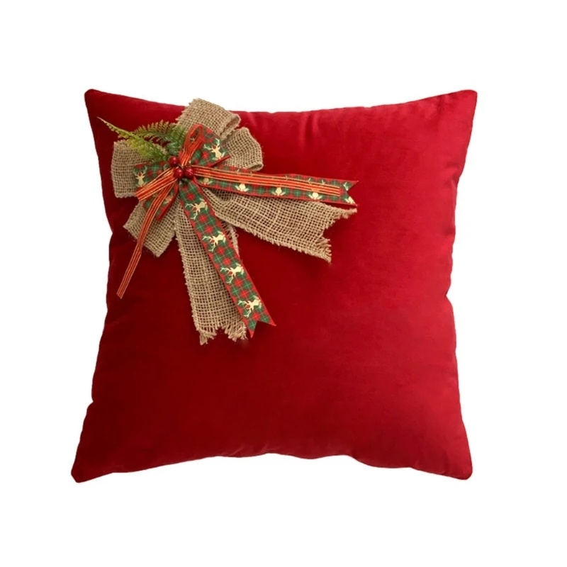 

Rustic Farmhouse Decorative Throw Pillow with Insert Christmas Cute Handmade Bowknot Winter Cushion for Home Couch Sofa