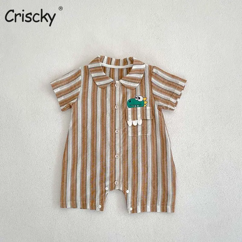 

2023 летняя одежда для новорожденных, полосатые комбинезоны для мальчиков, Детский комбинезон с принтом динозавра
