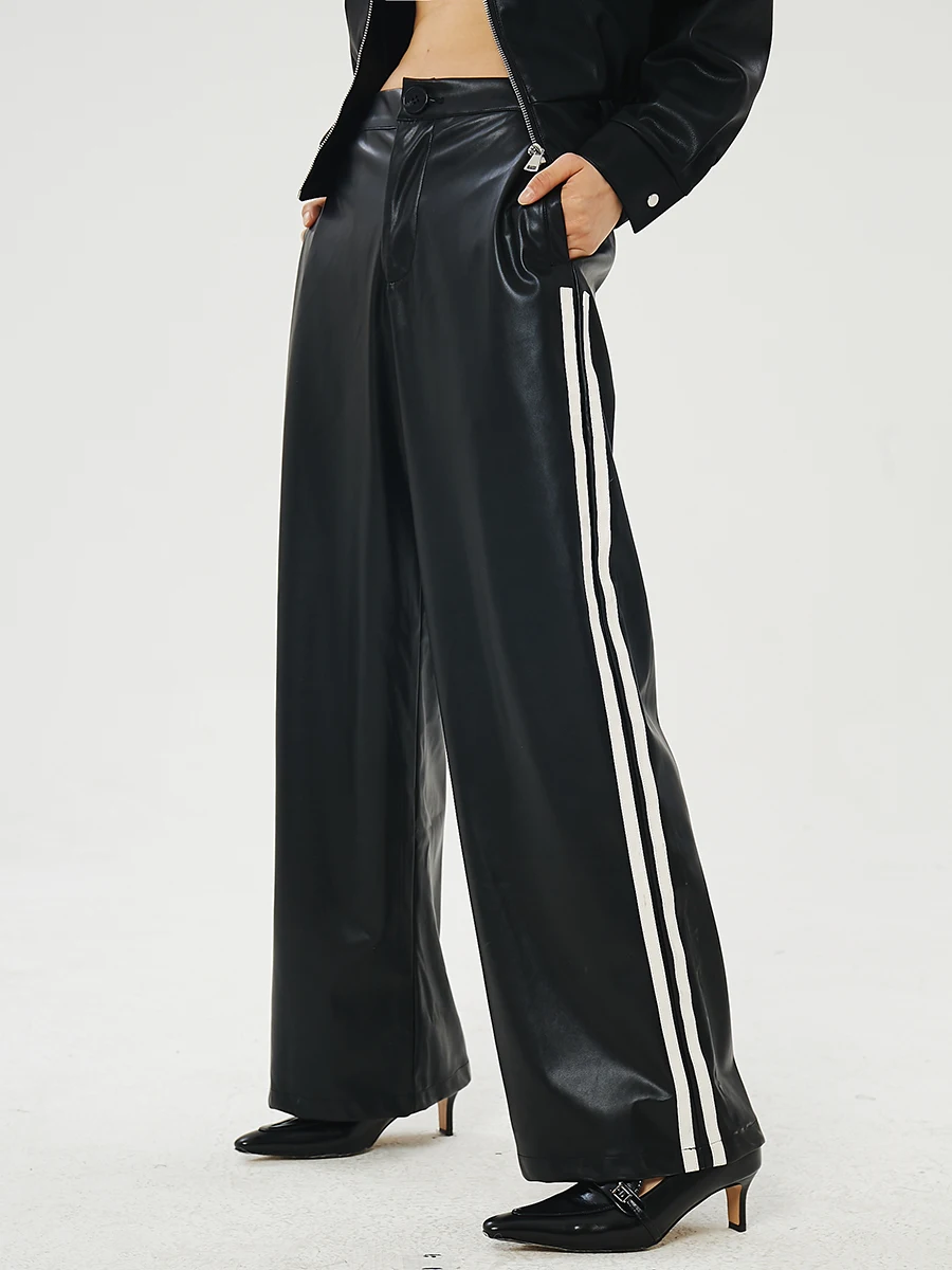 Striped Contrast Color Stitching Sports Leather Pants Straight Slim Pu Leather Personality Casual Loose Wide Leg Trousers 25-38