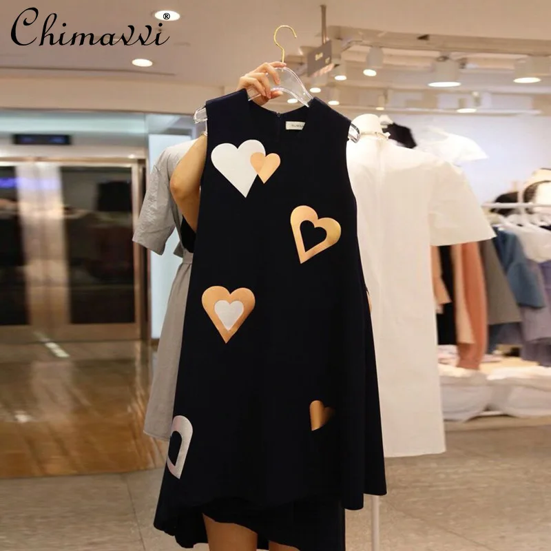 

2022 Spring New Love A Line Sleeveless Dress Women's Korean Fashion Black Short Dress Female High Waist Round Neck Dress