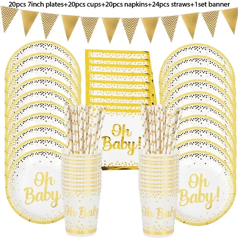 

NEW Oh Baby Gold Dot Disposable Tableware Set Boy Girl Baby Shower Favors Plates Cups Gender Reveal Kids Birthday Party Decor