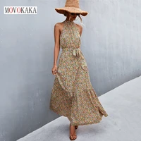 movokaka woman summer holiday sexy neck mounted long dress beach casual party o neck folds vestidos elegant floral print dresses