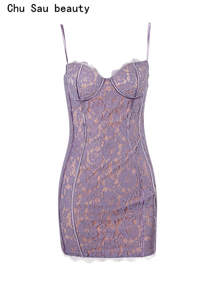 

Chu Sau beauty 2023 женское модное милое кружевное пикантное мини-платье без рукавов с французским квадратным воротником шикарные облегающие платья с открытой спиной и запахом на бедрах