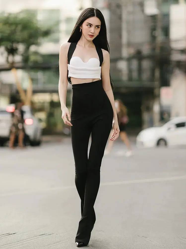 2022 New Summer White Camisole Cross Skinny Elastic Bandage Trousers Suit Female Fashion Temperament Two-Piece Sets