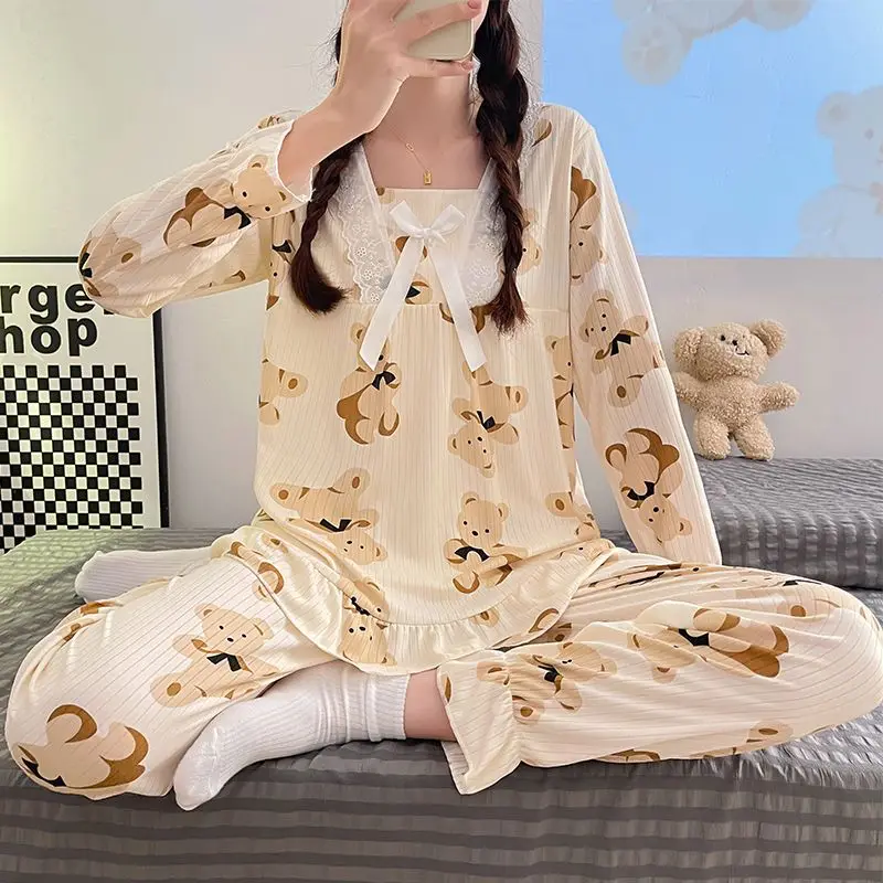 Женский пижамный комплект SUO & CHAO, пижама с длинным рукавом, V-образным вырезом, топ и штаны, пижама с принтом, ночная рубашка, одежда для сна, домашняя одежда, новинка 2023