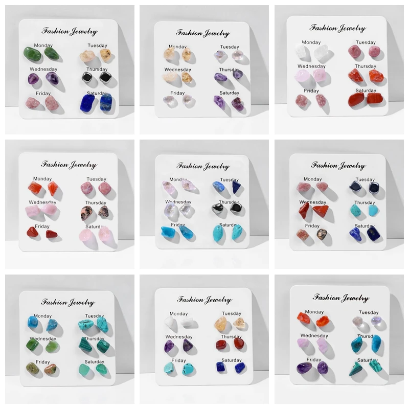 

6 Pairs/set Women's Earrings Irregular Mini Natural Chip Stone Stud Earrings For Women Girl Week Theme Wedding Fashion Jewelry