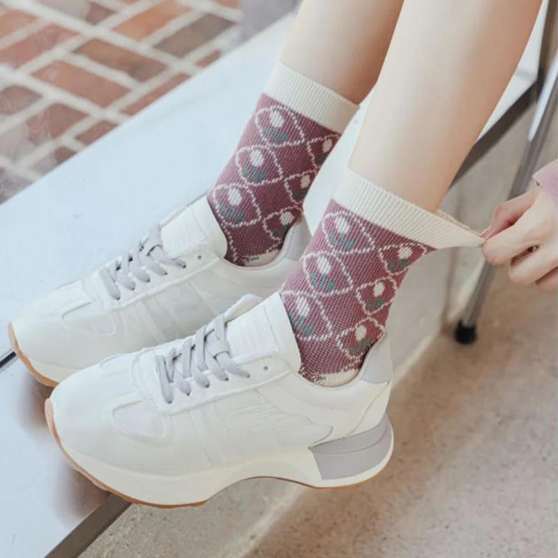 6 Pairs Fruit Embroidery Women Socks Cute Cartoon Animals Winter Long Socks Japanese Fashion Cotton Socks Street Style Luxury