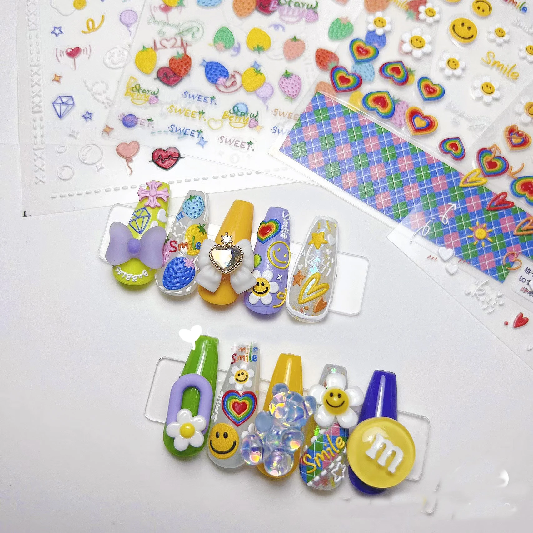 

Nail Decals Designer Sun Flower Nail Sticker Art 5D Heart Love Smiley Flower Embossed Kawaii Cute Nail Art Decorations Korean
