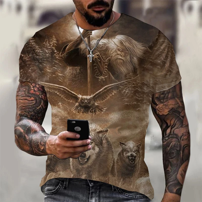 

Men 3D T-shirt New Animal TShirt Summer Mens Clothing Casual Old man driving wolf with stick Print Loose Tops футболка мужская
