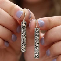 vintage silver color rectangle hook earrings for women ethnic metal carving geometric pattern handmade dangle earrings jewelry