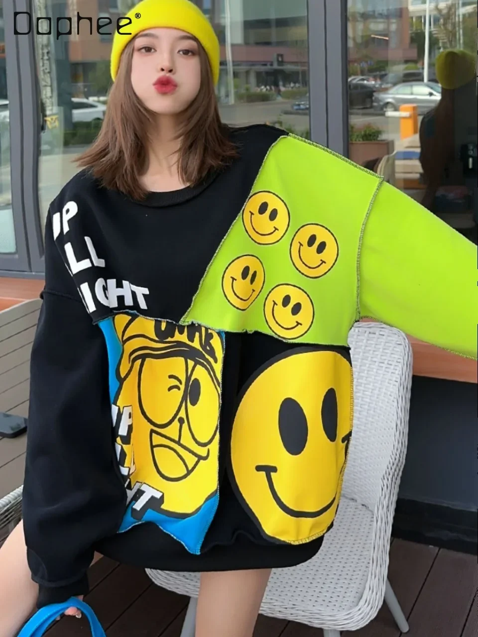 

Женский пуловер в Корейском стиле, толстовка большого размера на флисовой подкладке контрастных цветов с мультяшным рисунком, Осень-зима 2023