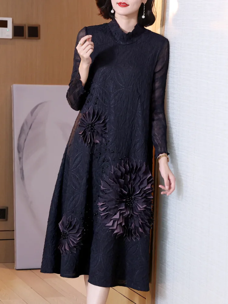 

2023 New Women Miyake Pleated Dress Print Long Sleeve Three Dimensional Flower Loose Stand Collar A-line Female Elegant Clothes