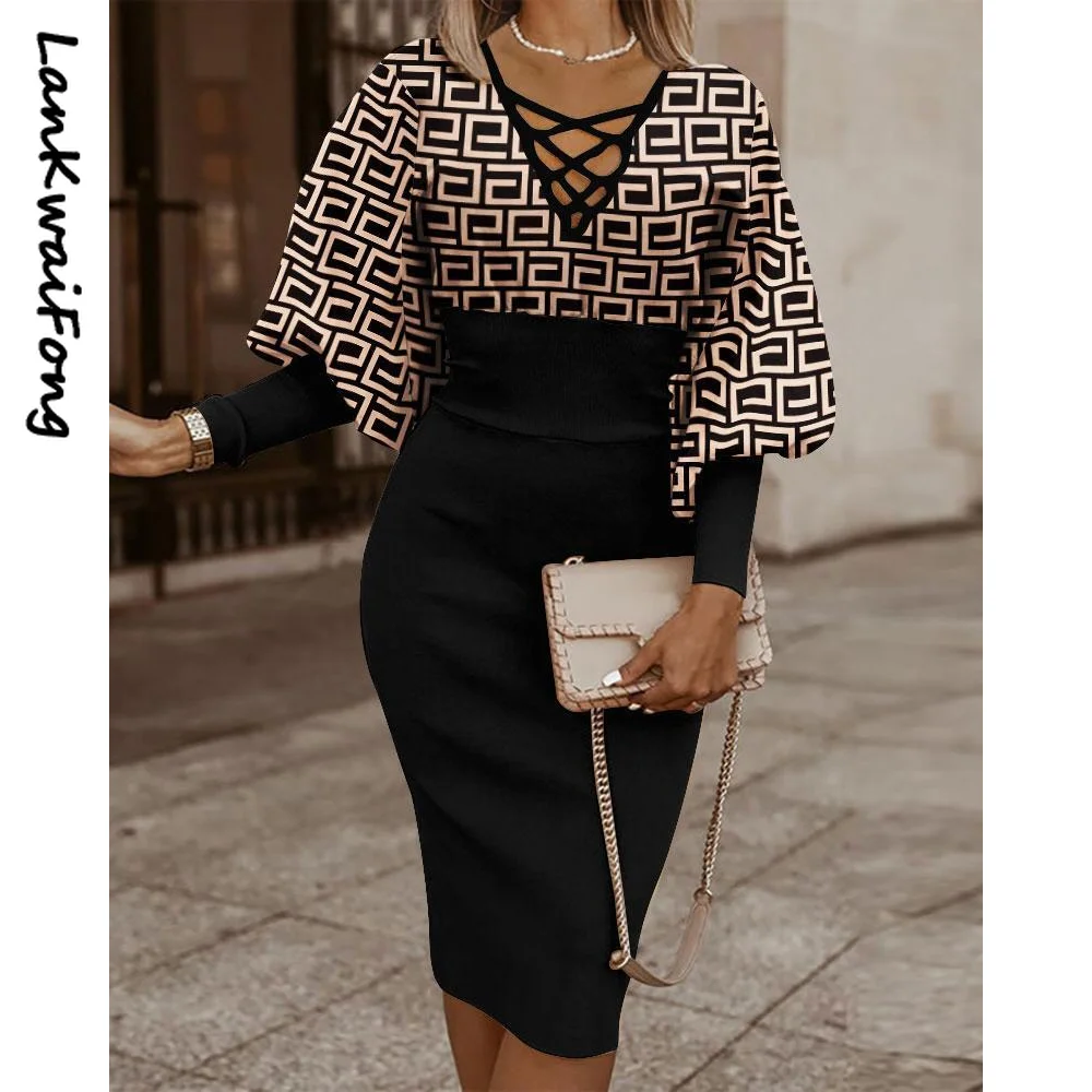 

LKF New Women's Dress Waist Shrinking Sexy Long Sleeve V-Neck Elegant Commuter Color Contrast Plaid Pencil Dress