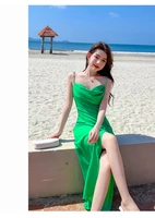 summer spaghetti strap dress evening party womens pleated split dress beach vacation suspender long dresses sexy gree