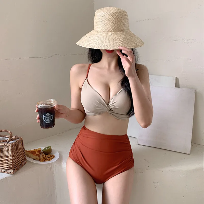 

Wisuwore New Fragrant Swimsuit Sexy Slim Twisted Gathered High Waist Covered Belly Fashionable Color Block Split Swimsuit Women