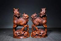 4 chinese folk collection boxwood kirin unicorn statue a pair gather fortune office ornament town house exorcism