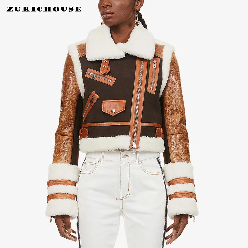 Faux Leather Fleece Jacket Woman Short Moto Biker Zipper Outerwear Imitation Lambswool Women's Winter Coats Streetwear Sobretudo