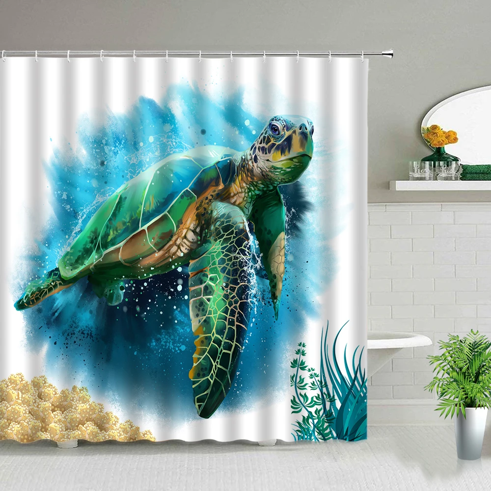 

Sea Turtle Shower Curtain Marine Animals Teal Ocean Tropical Fish Waterproof Fabric Bath Curtains Bathroom with Hooks Home Decor