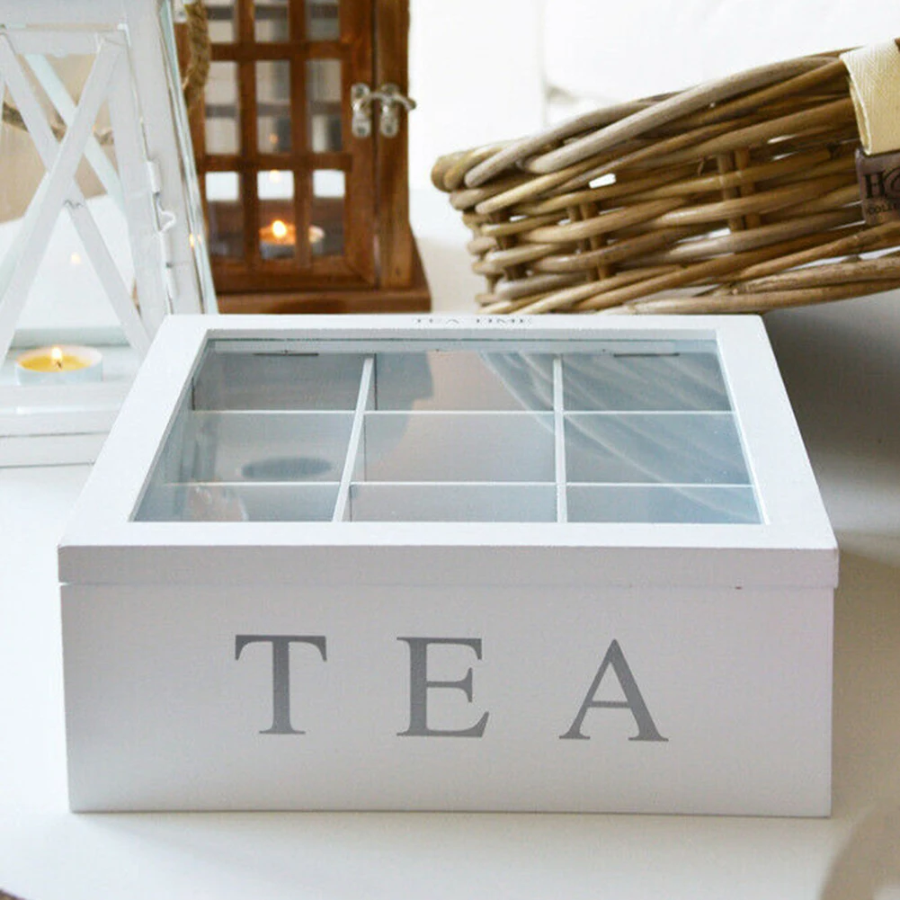 

Бамбуковая чайная коробка с крышкой, 9 отделений, держатель для хранения пакетиков для кофе и чая, органайзер для чая для кухонных шкафов