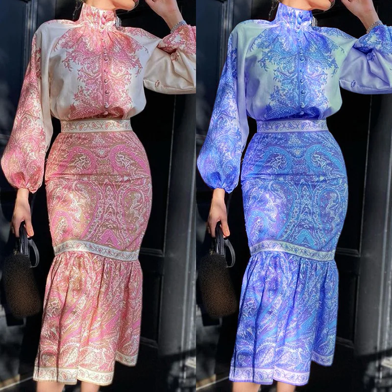

Vintage Floral Printing Slim Women Party Dress Spring Elegant Long Lantern Sleeve Ladies Dress Stand Collar Button Dress Vestido
