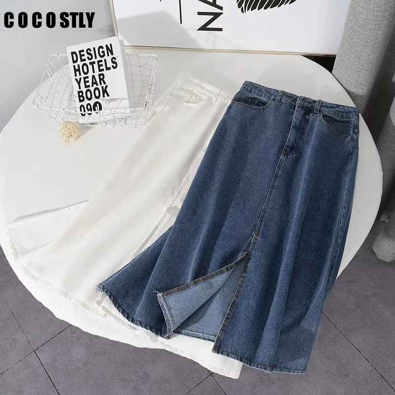 

Женская джинсовая юбка средней длины, универсальная трапециевидная юбка с завышенной талией и разрезом спереди, осень 2022