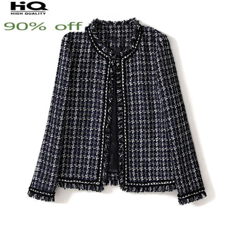 

blue Navy Plaid Spring /Autumn Women's Round Collar Fringe Houndstooth Sisters Slim Winter Woolen Jacket