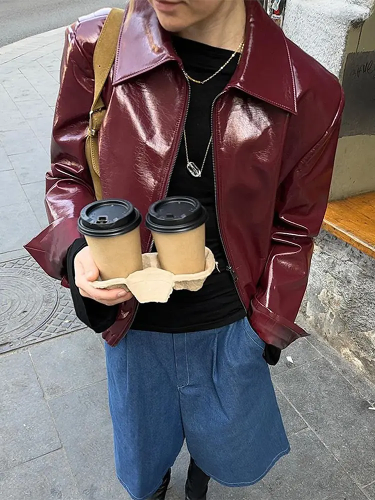 Vintage Solid Zipper Pu Leather Jacket Wine High Waist Mini Skirt 2 Piece Set New Female Autumn Streetwears