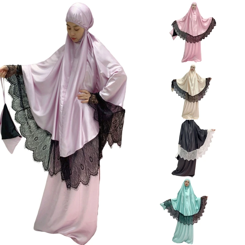 

H9ED Fashion Muslim Two Pieces Sets Solid Color Long Full Cover Ramadan Gown Women Eid Hooded Dress for Prayer Outings Daily