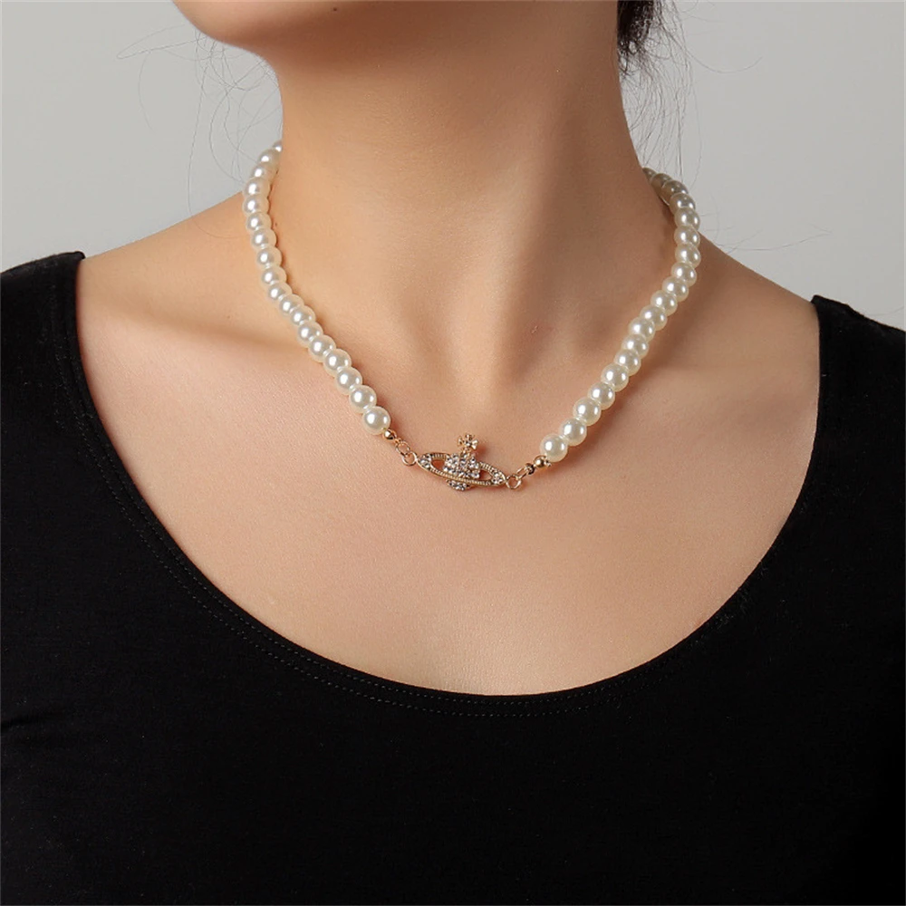 

New Saturn Design Imitation Diamond Pendant Necklace Vintage Simple Pearl Clavicle Chain Summer Women Clothes Jewelry Accessory