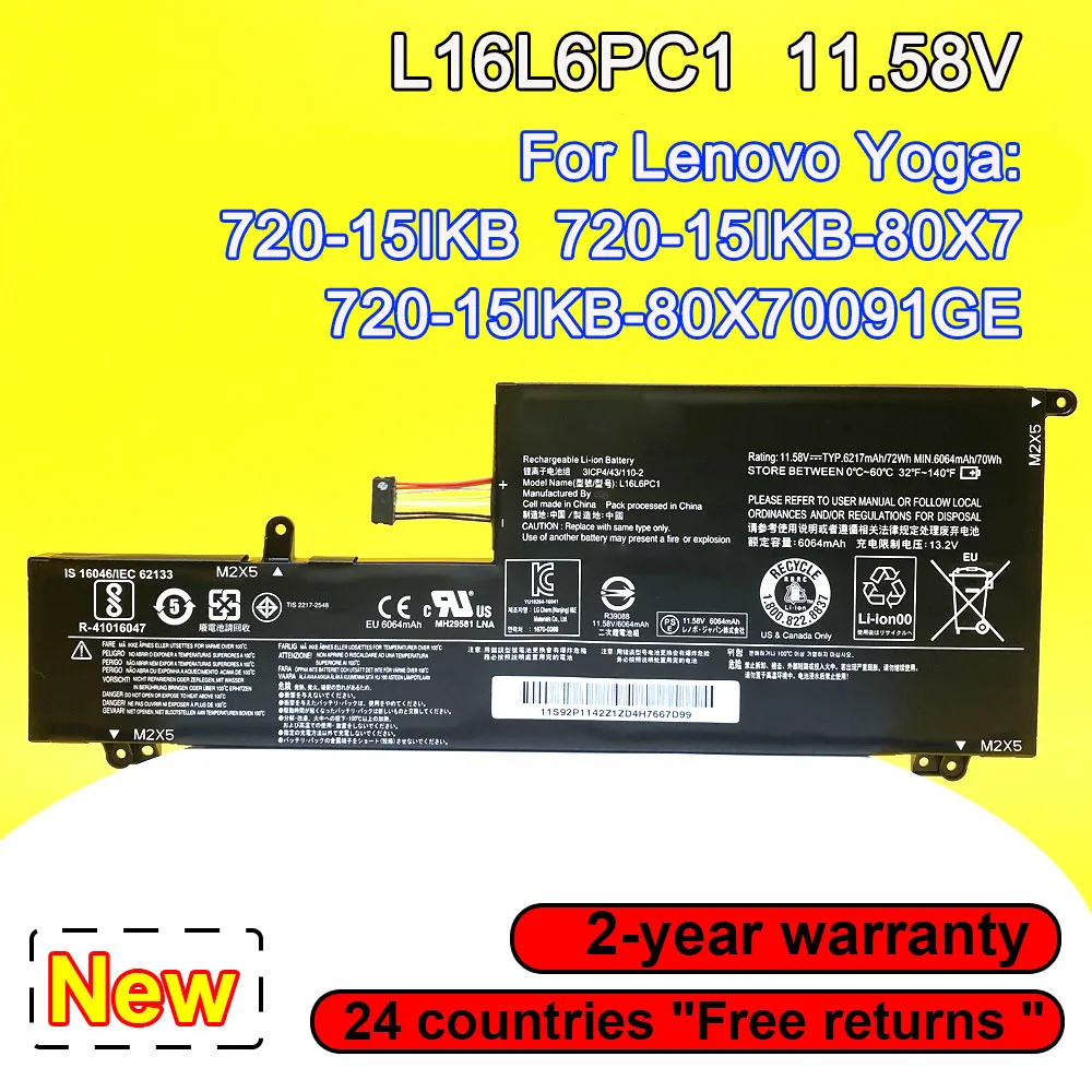 

L16L6PC1 Laptop Battery For Lenovo YOGA 720-15IKB 720-15IKB-80X7 720-15IKB-80X70091GE L16C6PC1 L16M6PC1 11.58V 72Wh 6217mAh