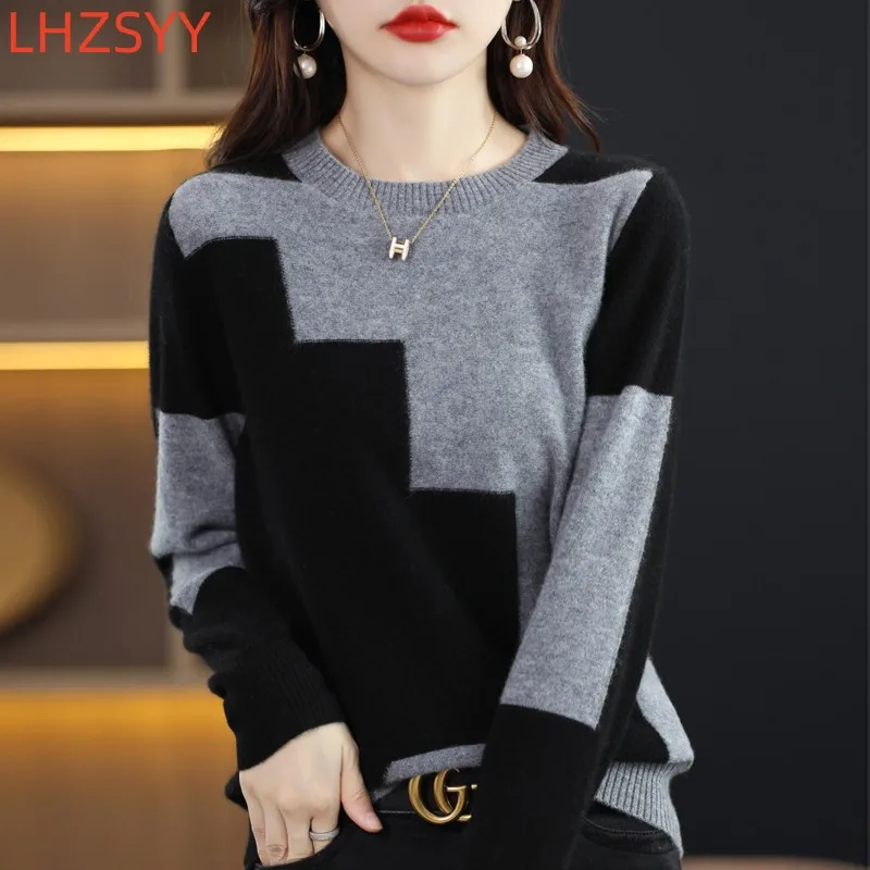 

LHZSYY 100%Pure Wool Cashmere Sweater Ladies O-Neck Color Matching Pullover Fashion Loose Knit Tops New Warm Women Jumper Winter