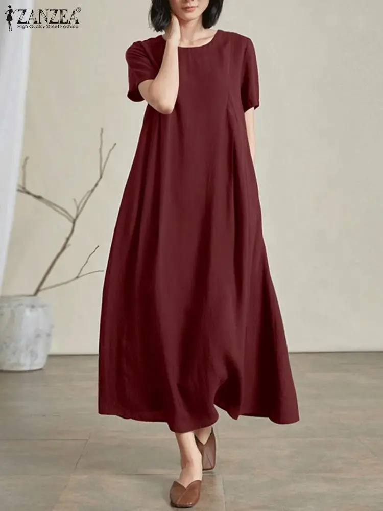 

Summer Sundress ZANZEA Fashion Women O Neck Short Sleeve Casual Loose Dress Oversize Elegant Solid A-line Vestido Robe Femme