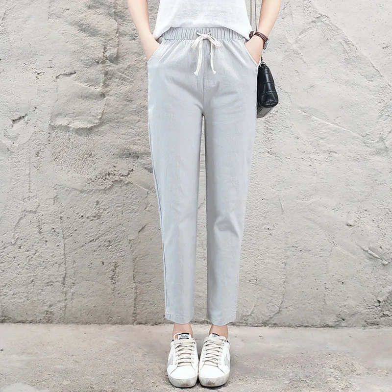 

Women Casual Long Ankle Length Trousers 2022 Summer Autumn Elastic Waist Soft High Quality Cotton Linen Pants