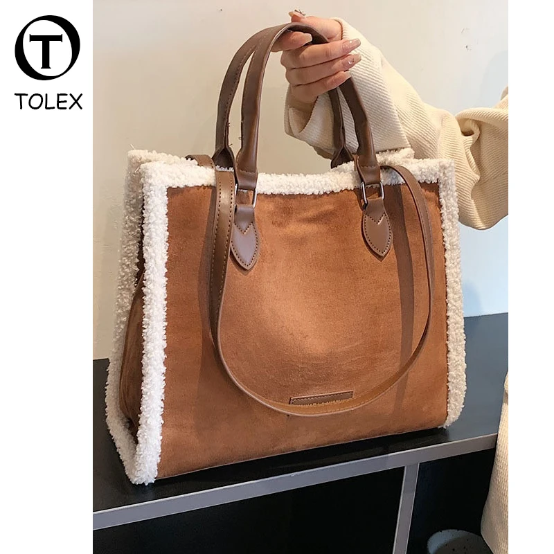 

Fashion Wool Handbag Large Capacity Female Big Totes Quality Ladies Shoulder Bags Soft PU Leather Vintage Tote Bag Composite Bag
