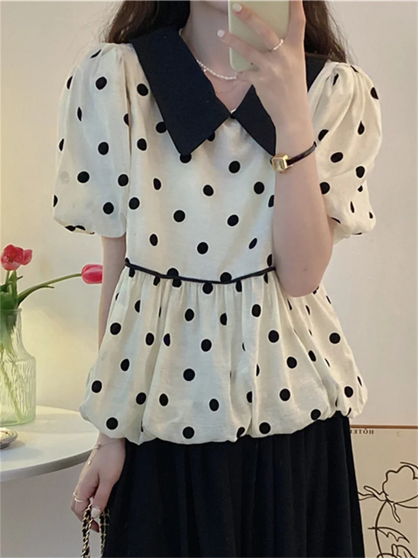 

Alien Kitty Polka Dots Loose Short Sleeve Blouses New Women 2022 Summer Casual All Match High Street Vintage Sweet Chic New OL