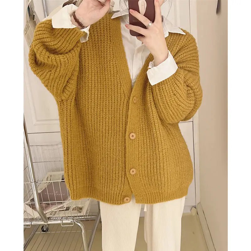 

Korean Coarse Knitted Sweater Academy V-neck Long Sleeve Knitted Cardigan Solid Color Casual Style Loose Outwear