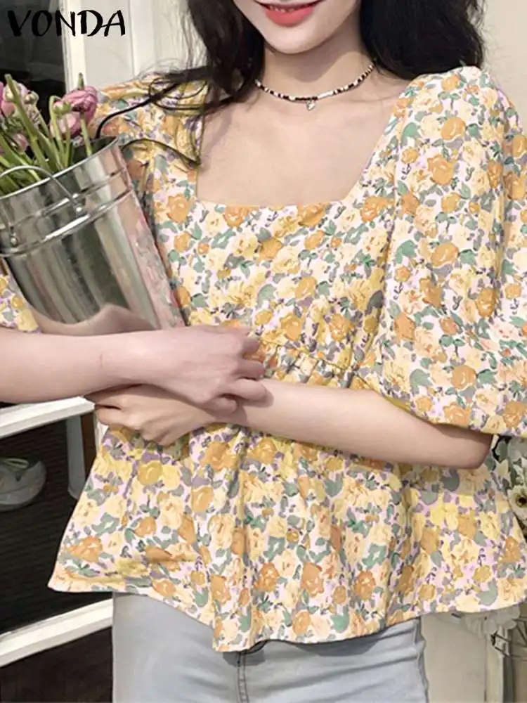 

VONDA Women Tops Casual Summer Blouses Bohemian Sexy Floral Printed Puff Sleeve Shirts 2023 Fashion Square Collar Tunic Blusas