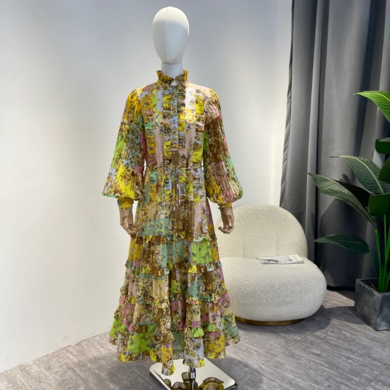 

Hot Sales 2022 New Autumn Gold Yellow Floral Pleat Ruffles Long Sleeve Loose A-Line Casual Midi Dress for Women