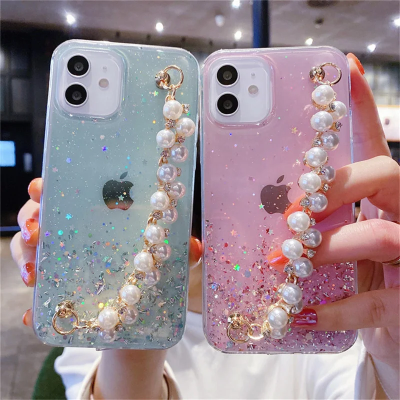

Мягкий чехол из ТПУ для iPhone с жемчужной цепочкой, совместим с моделями 11, 12 Pro max, mini, x, XR, XS max, 7, 8 plus, Se