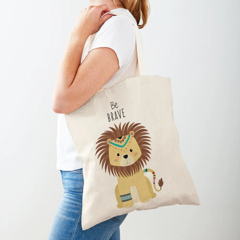 

Be Brave Lion Fox Giraffe Lady Shoulder Shopping Bags Cute Cartoon Animal Double Print Reusable Canvas Tote Handbag for Women