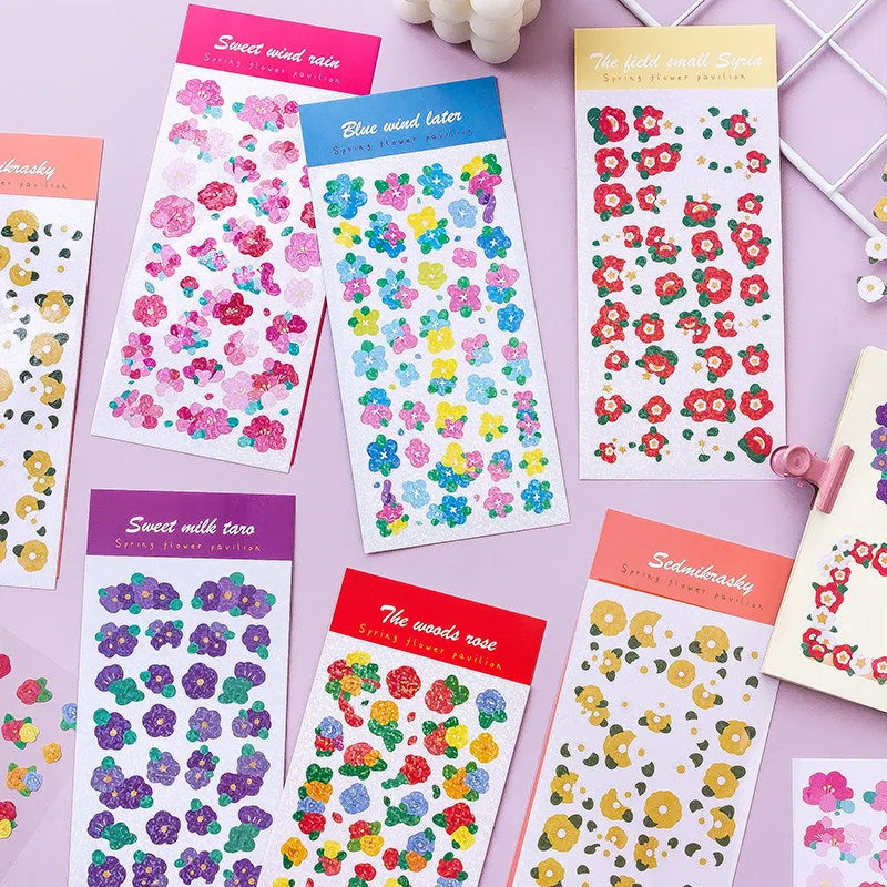 

INS Colorful Spring Flower Stickers For Photo Frame Hand Account Material Sweet Cute Laser Decorative Stickers DIY Stationery